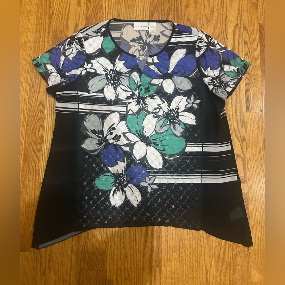 Alfred Dunner Black and Purple Boxy Short Sleeve Blouse